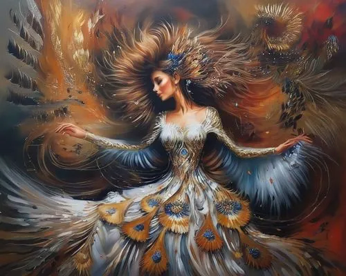 baroque angel,firebird,the carnival of venice,fantasy art,fairy queen,fairy peacock,queen of the night,flamenco,fantasy woman,celtic queen,baroque,oil painting on canvas,fire angel,victorian lady,miss circassian,art painting,mystical portrait of a girl,peacock,rococo,flame spirit,Illustration,Paper based,Paper Based 04