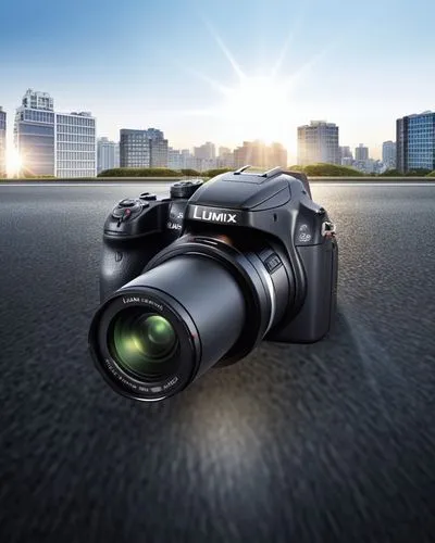 A LUMIX CAMERA in a dark spot on the road. SAME ON THE PHOTO,the digital camera is shown in a po with the city in the background,canon 5d mark ii,technikon,slr camera,sony camera,photo lens,camera ill