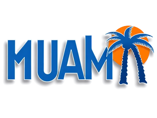 Miami FL logo, blue and orange colors, circular shape, stylized letter "M", palm tree silhouette, sunny weather, white outline, glossy finish, 3D effect, central composition, high contrast, vibrant co