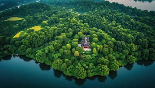giant buddha of tian tan,big buddha,lake bled,house in the forest,floating over lake,flying island,vipassana,house with lake,aerial landscape,slovenia,islet,germany forest,fairytale castle,theravada buddhism,stone pagoda,sunken church,bled,island suspended,aerial photography,northern germany,Photography,General,Realistic