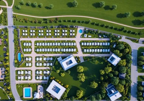 CREATE MASTER LAYOUT PLAN,a po taken above the ground of a parking lot filled with empty rows of tents,ecovillages,golf hotel,hotel complex,resort,golf resort,suburbanized,Photography,General,Realisti