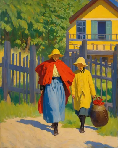 pilgrims,street scene,woman walking,village scene,church painting,forest workers,yellow purse,oil painting,khokhloma painting,oil on canvas,village life,woman house,house painting,cottages,painting technique,straw carts,seller,young couple,oil painting on canvas,two girls,Art,Classical Oil Painting,Classical Oil Painting 20