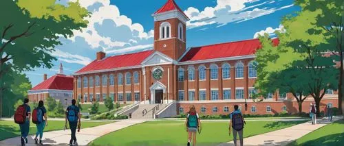 Liberty University campus, modern architecture, Christian institution, Virginia, USA, sunny day, blue sky, white clouds, green grass lawn, tall trees, DeMoss Hall, iconic clock tower, stone walls, sta