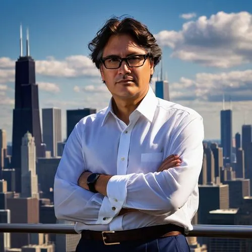 Middle-aged male architect, business casual attire, white shirt, dark blue trousers, black glasses, messy brown hair, confident facial expression, standing confidently with hands behind back, Chicago 