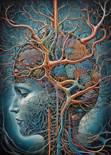 Uncover the amazing functionality of the human brain and its intricate neural pathways.,neural pathways,tree of life,the branches of the tree,circulatory system,colorful tree of life,intertwined,branc