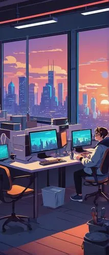 modern office,offices,computer room,working space,blur office background,neon human resources,cyberpunk,futuristic landscape,computer workstation,company headquarters,night administrator,computer desk,desk,evening city,creative office,office desk,office automation,corporate headquarters,workspace,remote work,Illustration,Japanese style,Japanese Style 06