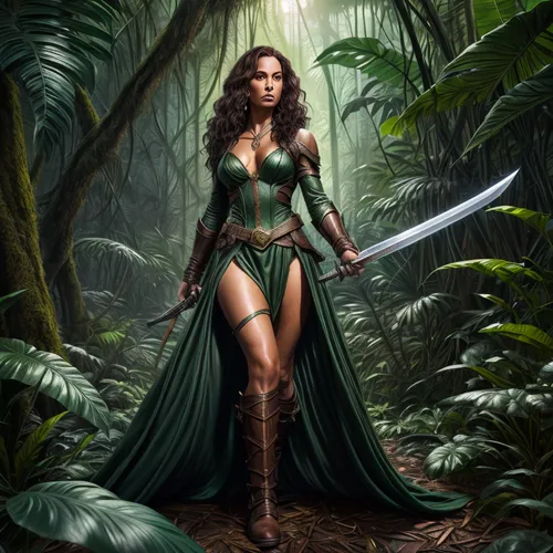 a woman wearing a green corset holding a sword in the woods,enchantress,amazona,female warrior,the enchantress,dryad,amazonian,kahlan,warrior woman,huntress,inara,nissa,themyscira,background ivy,celti