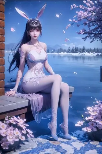 this is a  figure with long hair sitting on a bench,japanese sakura background,diaochan,sakura blossom,water nymph,sakura background,kuanyin