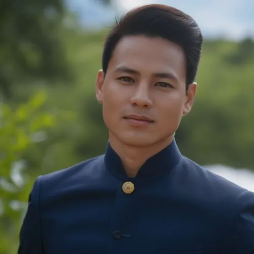 an asian man wearing a blue outfit looking into the distance,wattanayakorn,pongcharoen,pakorn,chilam,lakorn,kwanchai,narongchai,kaew chao chom,sirimongkol,phayao,laotian,sirindhorn,saenchai,amnat char