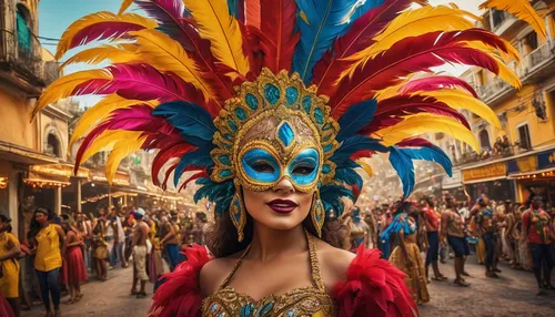 "Step into a surreal world of fantasy and wonder, as Rio Carnival is reimagined in a dreamlike landscape, with surrealistic elements and a touch of magic.",venetian mask,brazil carnival,sinulog dancer