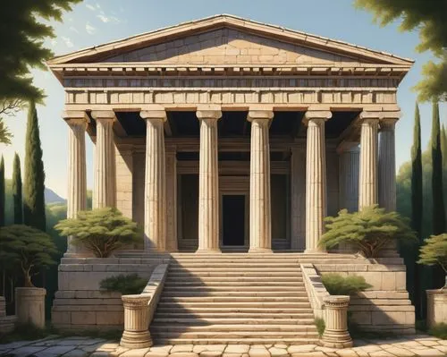 Ancient Greek temple, cultural landmark, intricate stone carvings, ornate columns, grand staircase, symmetrical facade, lush greenery surrounding, warm sunlight casting dramatic shadows, detailed text