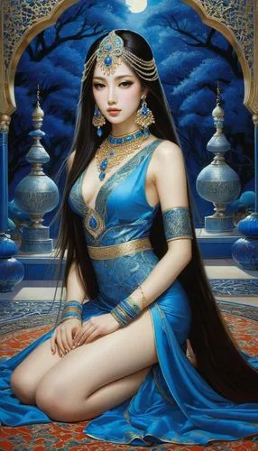 oriental princess,oriental girl,blue enchantress,kitana,odalisque,nihang,Illustration,Realistic Fantasy,Realistic Fantasy 08