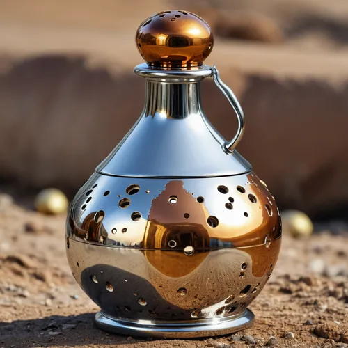 genie bottle made of ((chrome steel)) with golden cap, many rusted holes,,sand timer,fragrance teapot,oil lamp,arabic coffee,libyan desert,morocco lanterns,decanter,coffee percolator,perfume bottle,ar