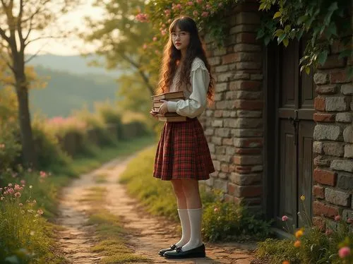 country dress,tartan skirt,scotswoman,countrygirl,countrywoman,countrywomen,girl walking away,light plaid,school skirt,schoolmistress,pinafore,dirndl,girl and boy outdoor,bagpiper,relaxed young girl,girl studying,schoolkid,kirtle,avonlea,young girl,Photography,General,Realistic