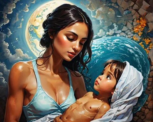 capricorn mother and child,little girl and mother,motherhood,mother and child,mother with child,baby bathing,breastfeeding,holy family,mother earth,mother kiss,mother,mother's,oil painting on canvas,baby with mom,baptism of christ,father with child,mother-to-child,breast-feeding,mother and baby,oil painting,Conceptual Art,Fantasy,Fantasy 21