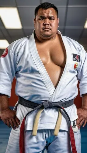 raw photo, burly chubby guy, Tongan, 38 years old, round face, fat, wet skin, serious face, black skin,  Judo athlete, wearing Judo gi, full body shot, hands on waist, body hair on chest,a man is posi