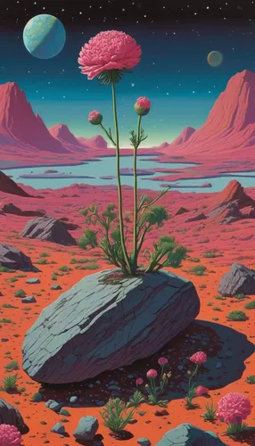 Create a futuristic sci-fi story where a sprouting rock carnation is discovered on a distant planet.,valerian,cosmos field,flowerful desert,alien planet,mushroom landscape,cosmos,futuristic landscape,