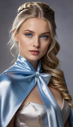  Lifelike image of a pretty blonde girl in her 20s, blue eyes , wearing a silver satin cape tied at the neck with a ribbon and wearing a elegant evening gown , long straight hair in ponytail, ultrarea