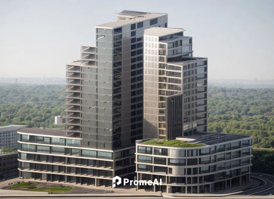 aerial view,distant shot,office building mid rise,commercial building complex,Curved style,,stretch metal facad composition,
Futuristic style,norman foster style,,modern facade,vertical frame,streets,