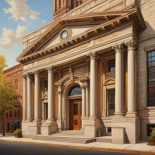 Historic bank building, Fort Wayne Indiana, neoclassical architecture, grand entrance, Corinthian columns, ornate details, rusticated stone walls, copper roofing, clock tower, intricate stonework, urb