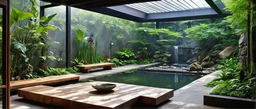 garden design sydney,landscape design sydney,zen garden,tropical jungle,landscape designers sydney,onsen,bamboo plants,luxury bathroom,japanese zen garden,vivarium,tropical house,rainforest,japanese-style room,ryokan,bamboo curtain,garden pond,solarium,rain forest,koi pond,rainforests,Illustration,Realistic Fantasy,Realistic Fantasy 03