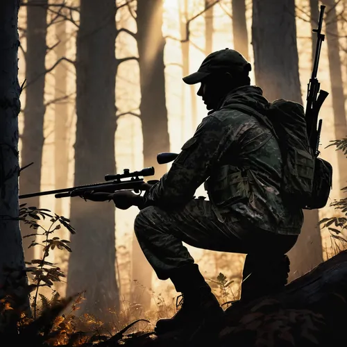 hunter in camouflage, holding rifle, focused expression, kneeling position, forest environment, early morning mist, soft sunlight filtering through trees, deer in the distance, realistic textures, det