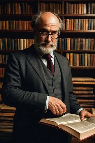 William Stout, architectural books, male, mature, bespectacled, balding, beard, suit, tie, holding book, standing, indoors, bookstore, wooden shelves, dim lighting, warm atmosphere, cozy, surrounded b