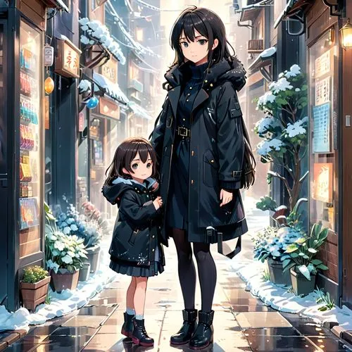 walking in the rain,in the snow,winter clothes,winter clothing,winter background,snowfall,Anime,Anime,Realistic