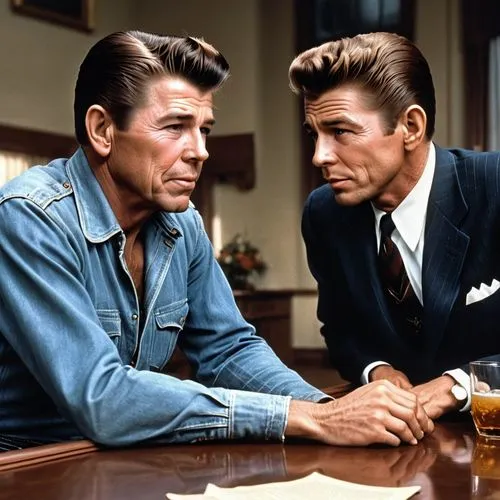 ronald reagan,business icons,13 august 1961,gentleman icons,pompadour,color image,businessmen,business meeting,pomade,business men,hound dogs,rockabilly style,men sitting,rockabilly,50 years,man and boy,smoking man,oddcouple,1960's,consultation,Photography,General,Realistic