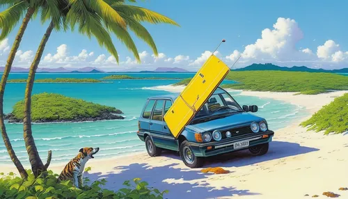 On a remote island, the low battery on your GPS device leaves you disoriented and desperate for a way back.,camper on the beach,travel trailer poster,jamaica,vanagon,barbados,yellow jeep,travel poster