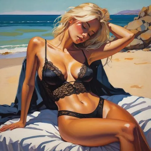 donsky,photorealist,blonde woman,guenter,beach scenery,bronzing,tereshchuk,beach landscape,beachwear,whitmore,beachgoer,fischl,blondeau,art painting,fantasie,beachcomber,hildebrandt,blond girl,wonderbra,dream beach,Illustration,Paper based,Paper Based 19