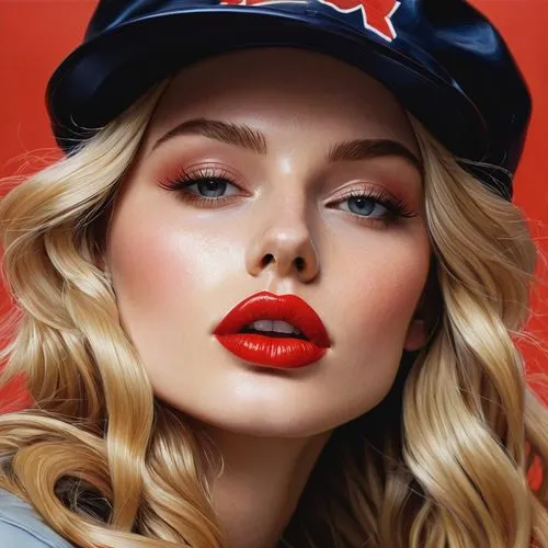 Pretty blond, wavy long hair Jessa Rohdes has her bulged red shiny wet lips open, she is sitting in a NVY cap,red lips,red lipstick,ebbets,red cap,vanderhorst,red hat,wesselmann,retouching,seyfried,ph