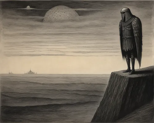 man at the sea,seafarer,mercury mariner,gray-scale,desolation,adrift,the horizon,primitive man,solitary,the wanderer,surrealism,grey sea,the people in the sea,exploration of the sea,wanderer,half-mourning,night watch,surrealistic,the sphinx,sentinel,Illustration,Black and White,Black and White 23