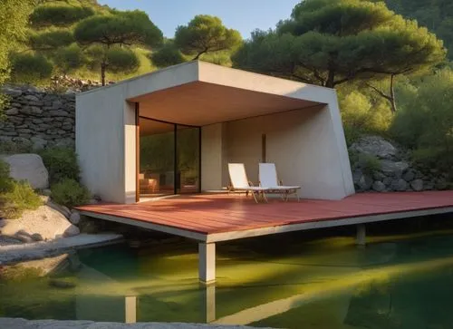 In the heart of a vast, ethereal lake, a minimalist cabin with white concrete walls overlooks a serene lake. The room is bathed in the warm glow of the setting sun, casting a warm orange light on the 