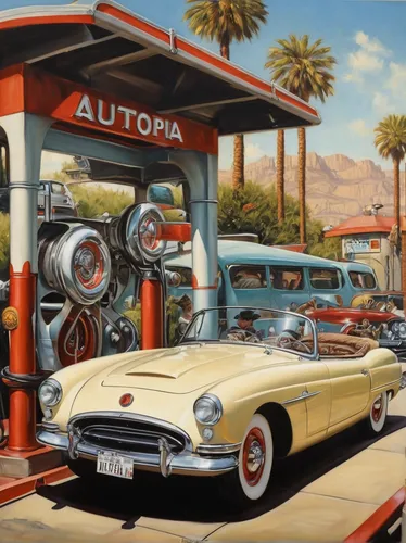 american classic cars,vintage cars,gas-station,electric gas station,gas station,auto repair shop,retro automobile,route66,route 66,austin cambridge,hotrods,petrol pump,auto repair,buick apollo,fifties,automobiles,car hop,hudson hornet,old cars,car dealership,Illustration,Realistic Fantasy,Realistic Fantasy 10