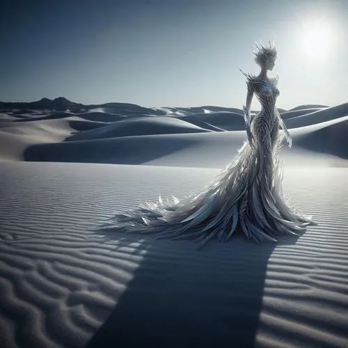 woman made of crystal surrounded by desert,girl on the dune,sun bride,bridal dress,burning man,dead bride,desert flower,capture desert,wedding gown,white sands dunes,desert rose,wedding dress,dune sea