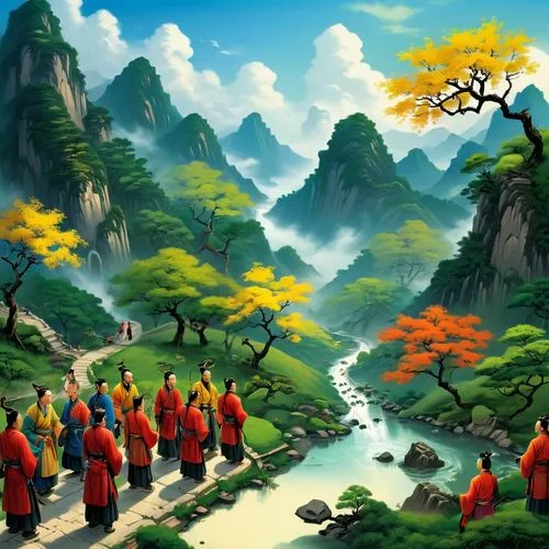 buddhists monks,landscape background,monks,bhikkhunis,wudang,yangshao,mountain scene,drepung,guizhou,cartoon video game background,xiangshan,huaixi,chayng,rinchen,world digital painting,mountainous landscape,bhikkhuni,mountain landscape,chuseok,forest landscape,Illustration,Realistic Fantasy,Realistic Fantasy 26