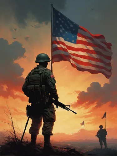 Create a somber Memorial Day GIF with a soldier standing in front of a flag at dusk.,flag day (usa),united states marine corps,america,u s,patriot,veteran,us army,flag of the united states,usmc,us fla