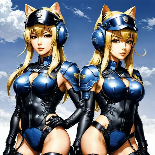 two cats,foxes,felines,sega,kittens,cat ears,cats,game characters,duo,police uniforms,anime 3d,katz,birds of prey,aegean cat,female hares,helmets,latex clothing,sisters,angels of the apocalypse,two girls,Illustration,Japanese style,Japanese Style 09