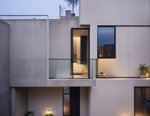 concrete wall, black window frame , plant in terrace , chair in terrace , 
,exterior of two houses with balconies and planters on the lower floors,associati,block balcony,modern architecture,cubic hou