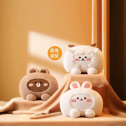 three stuffed animals sitting on a bed with some sheets,tamagotchis,sanrio,plush figures,plush toys,soft toys,dogecoin