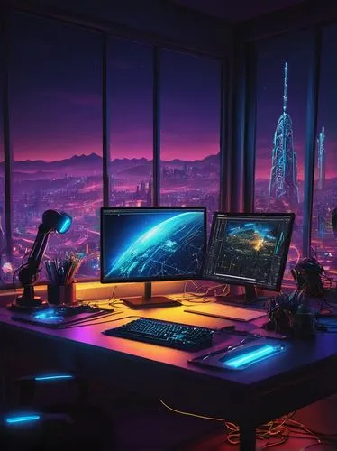 computer room,computer workstation,desk,desktops,cyberpunk,working space,windows wallpaper,workstations,cyberscene,desk top,workspace,computable,desktop backgrounds,alienware,study room,beautiful wallpaper,night administrator,computer graphic,futuristic landscape,workstation,Art,Artistic Painting,Artistic Painting 20