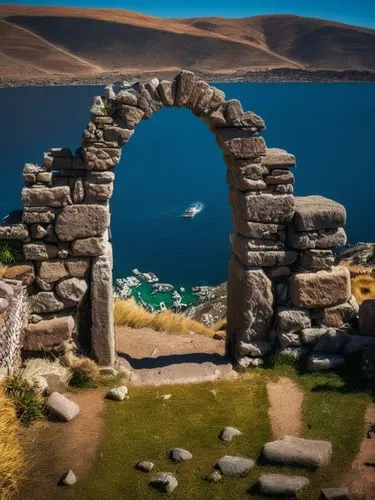 Peru, Lago Titicaca,orkney island,sunken church,wishing well,stargate,titicaca,rock arch,virtual landscape,stone oven,semi circle arch,the ruins of the,portals,underwater oasis,background with stones,