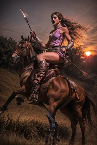 riding a horse at full speed through a lowgrass, hairs flowing freely back, with a crimson sun setting down,female warrior,warrior woman,huntress,horseback,bronze horseman,endurance riding,fantasy pic