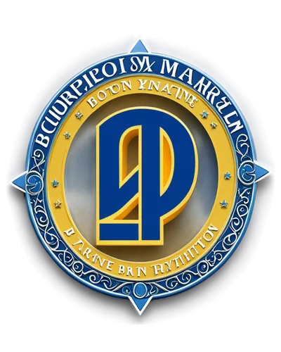 Transparent Boston Marathon logo, golden yellow and blue colors, bold font, stylized letter "B", circular shape, 3D effect, glossy finish, metallic texture, slight shadow, centered composition, soft f