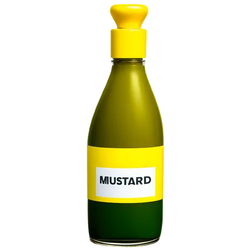 Yellow mustard bottle, clip-art style, shiny surface, rounded body, narrow neck, white cap, bright yellow label, 3D-like illustration, bold lines, vibrant color, playful composition, high contrast, de