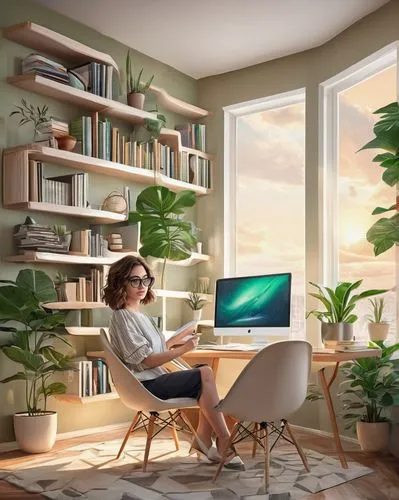 telecommuter,modern office,working space,girl at the computer,work at home,computer room,telecommuting,computer workstation,girl studying,telecommute,home office,work from home,apple desk,writing desk,blur office background,modern room,3d rendering,study room,wooden desk,forest workplace,Conceptual Art,Sci-Fi,Sci-Fi 06