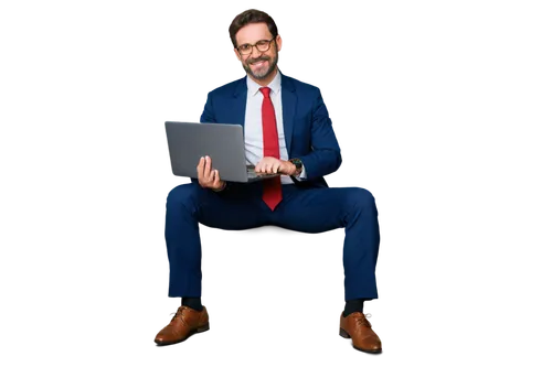 mentor, middle-aged man, guidance, gentle smile, glasses, short brown hair, beard, formal wear, suit, tie, holding laptop, sitting, relaxed posture, warm lighting, soft focus, 3/4 composition, shallow