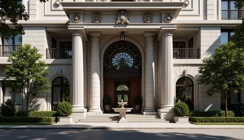 Granite-clad facade, monumental columns, ornate metalwork, symmetrical composition, grand entrance, imposing scale, classical motifs, rusticated base, dramatic arches, intricate carvings, luxurious ma