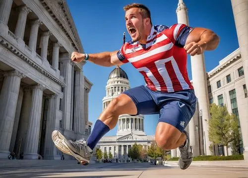 Rugby player, athletic build, muscular arms, determined facial expression, messy short hair, sporty wear, rugby jersey, rugged pants, athletic shoes, intense action pose, jumping for ball, Utah State 